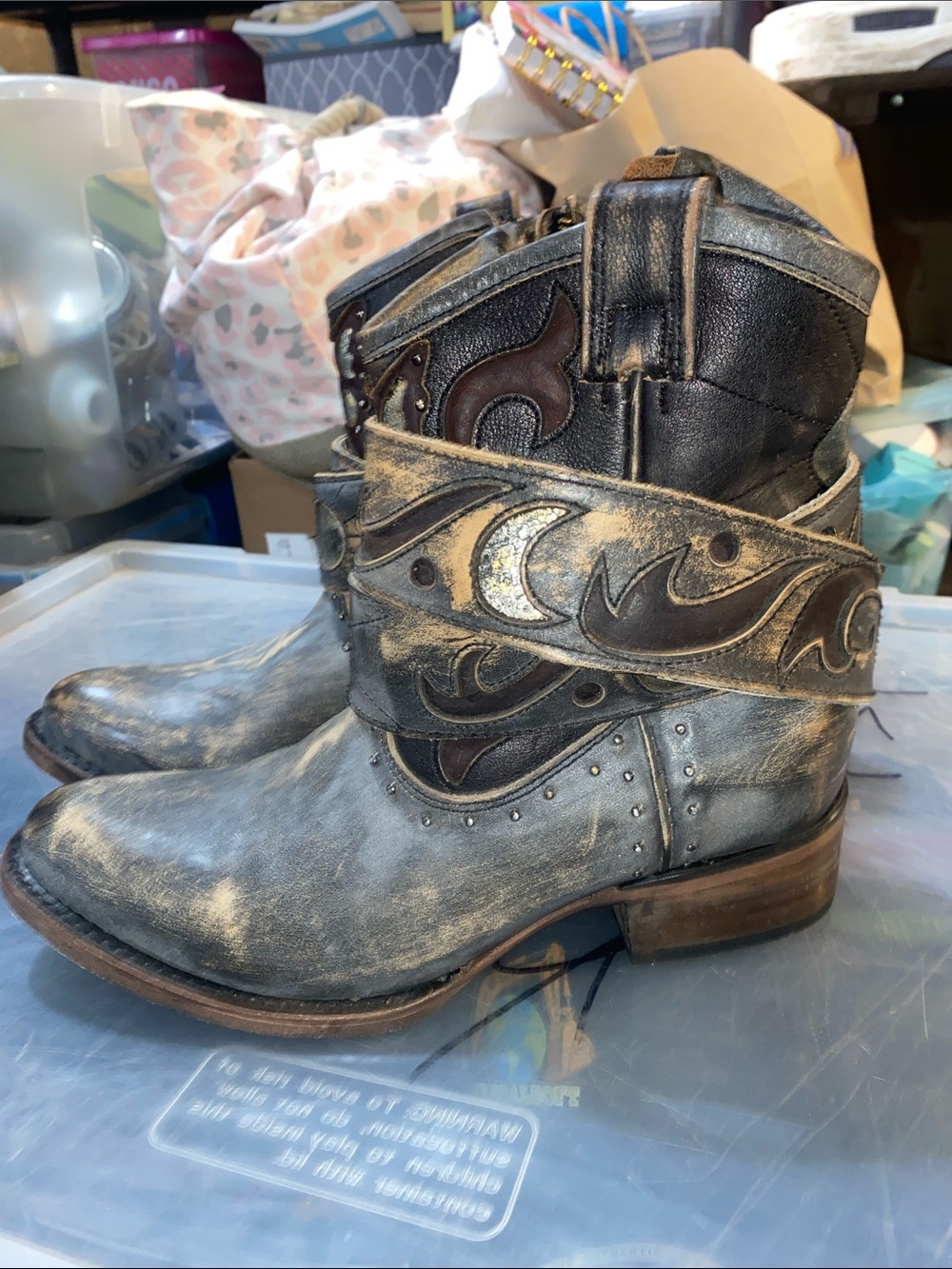 Steve Madden free Bird Distressed Leather Western Ankle Boots with Moon Accent
